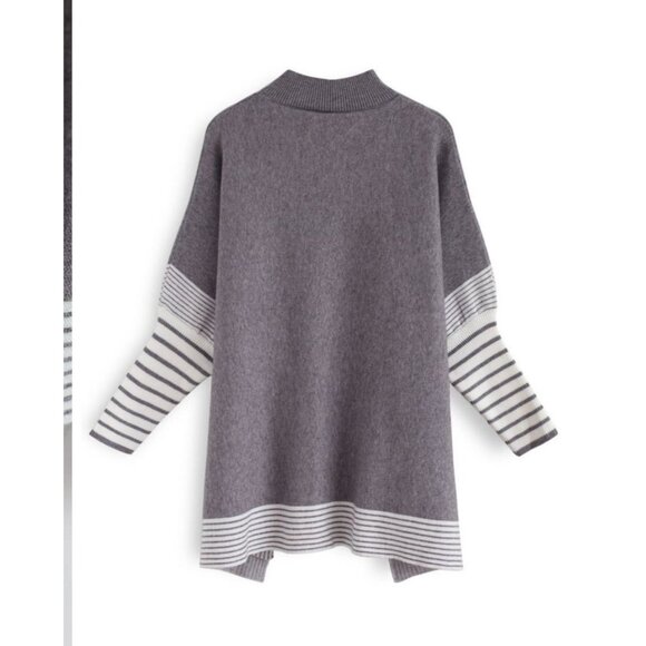 ChicWish Sweater Womens M-L Gray Colorblock Striped Knit Poncho Moc Neck Dolman - Picture 11 of 13